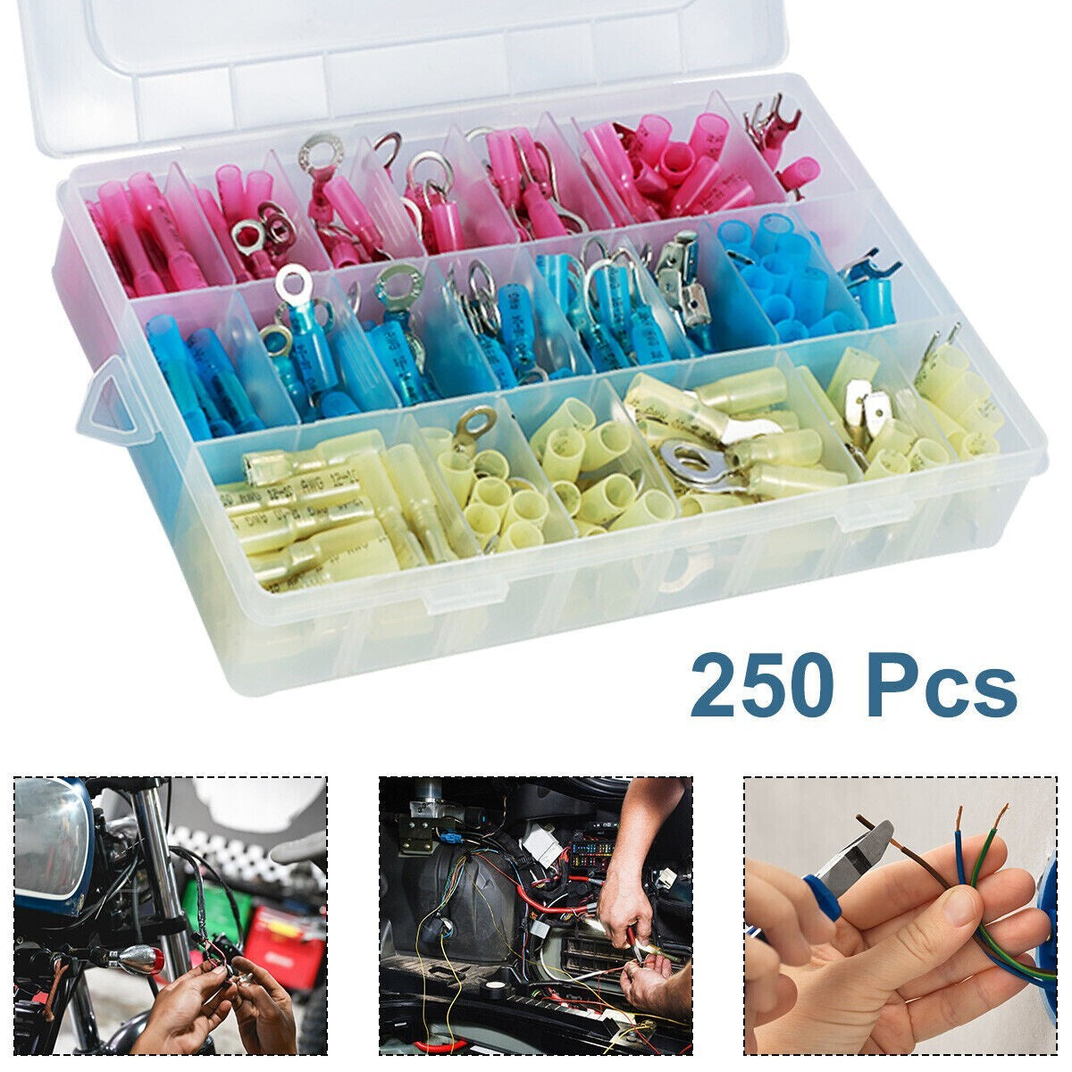 250X Heat Shrink Wire Connectors Electrical Ring Fork Spade Crimp Terminals Kit