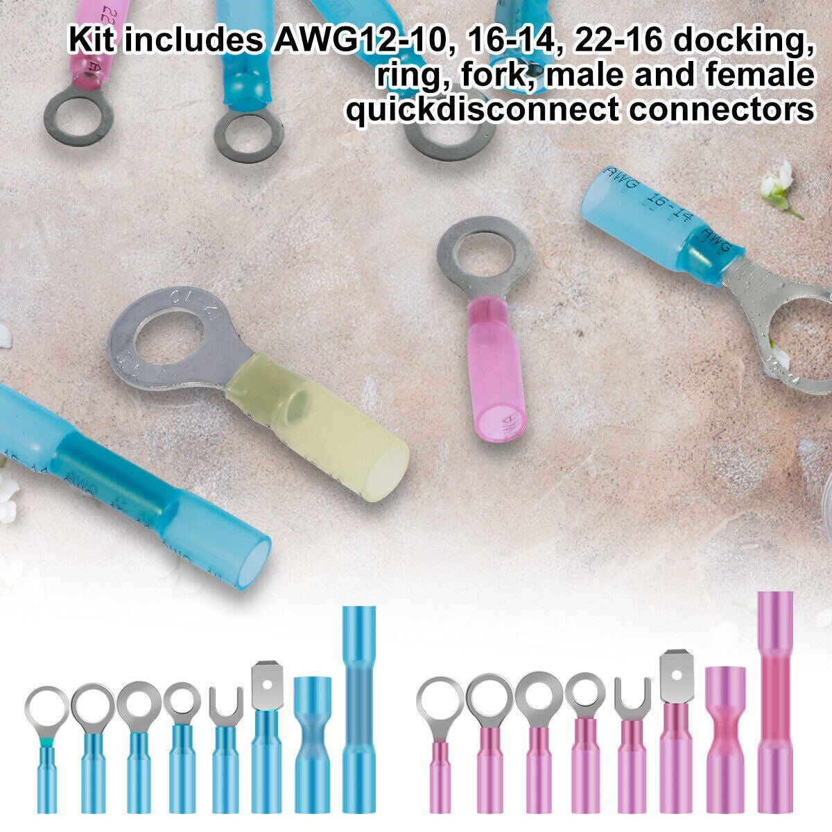 250X Heat Shrink Wire Connectors Electrical Ring Fork Spade Crimp Terminals Kit