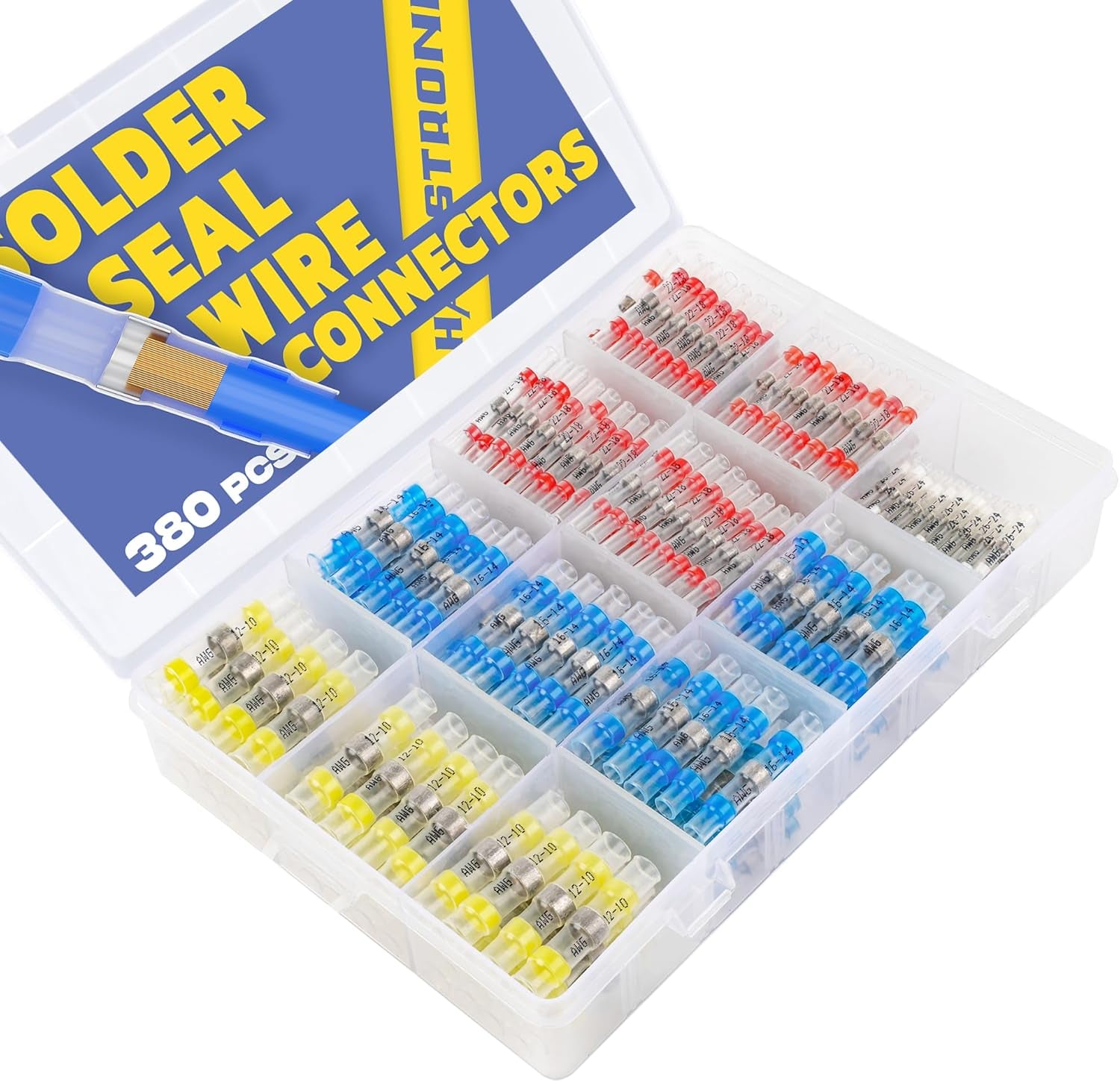 380PCS Solder Seal Wire Connectors- Waterproof Wire Connectors-Electrical Connectors-Heat Shrink Butt Connectors for Marine,Stereo(40Yellow 90White 130Red 120Blue) Solder Sleeve