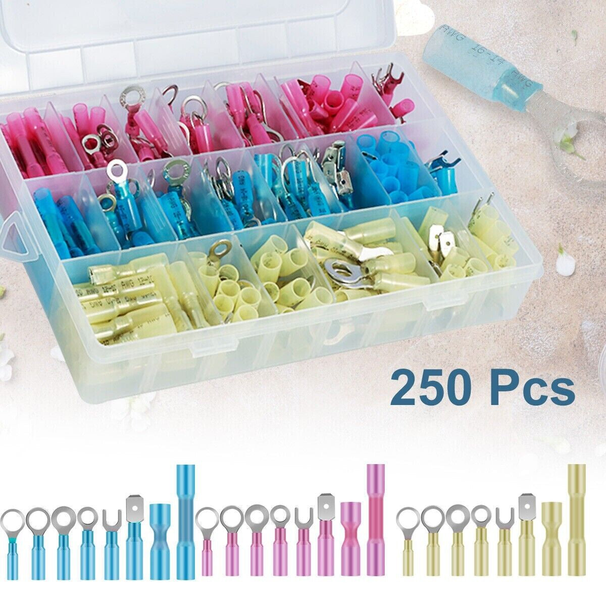 250X Heat Shrink Wire Connectors Electrical Ring Fork Spade Crimp Terminals Kit