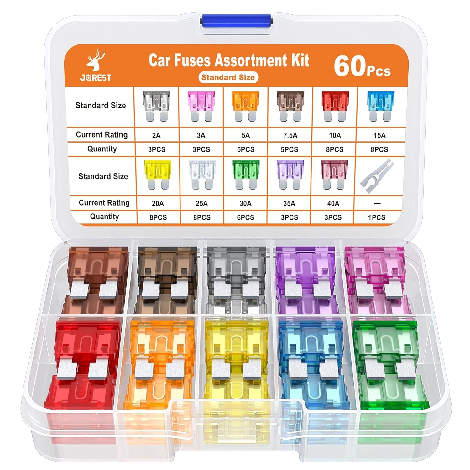 60Pcs Standard Car Fuse Kit -Replacement Fuses Assortment Kit for Car/Rv/Truck/Motorcycle(2Amp 3A 5A 7.5A 10A 15A 20A 25A 30A 35A 40A) - Standard Blade Fuses Automotive + Auto Fuse Puller