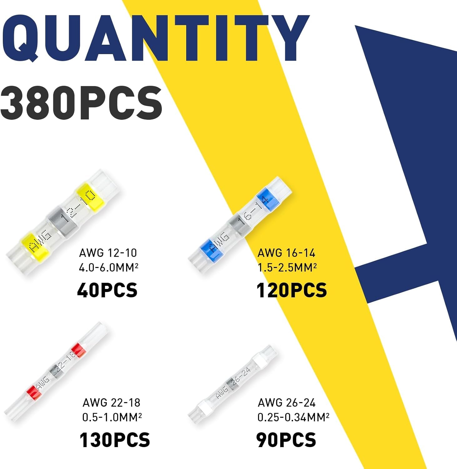 380PCS Solder Seal Wire Connectors- Waterproof Wire Connectors-Electrical Connectors-Heat Shrink Butt Connectors for Marine,Stereo(40Yellow 90White 130Red 120Blue) Solder Sleeve