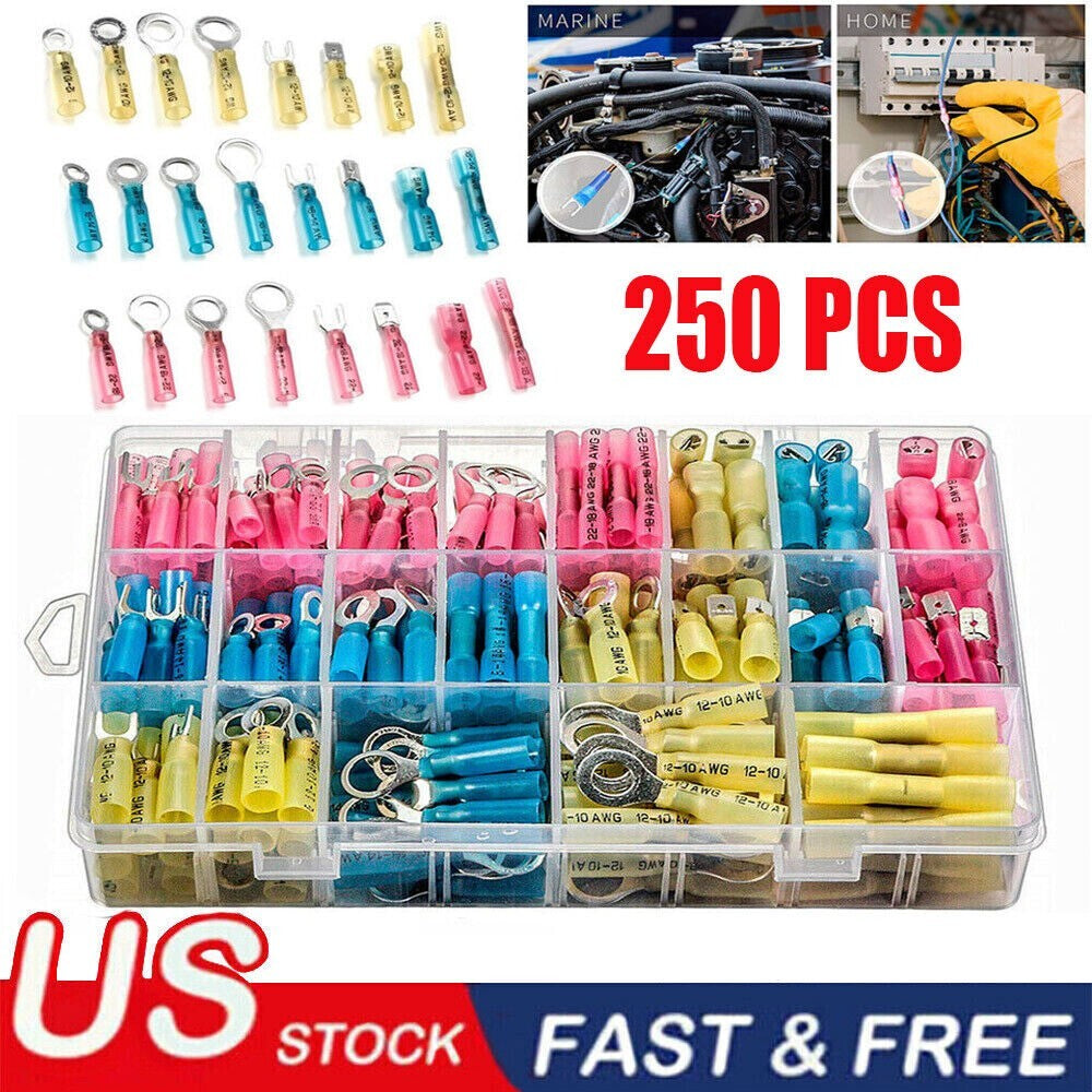 250X Heat Shrink Wire Connectors Electrical Ring Fork Spade Crimp Terminals Kit